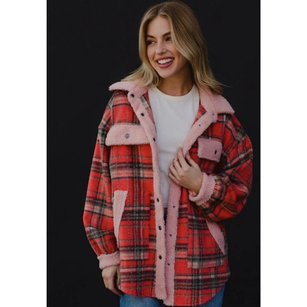 Panache Apparel Red Plaid Sherpa Trim Button Down Shacket Jacket Medium M